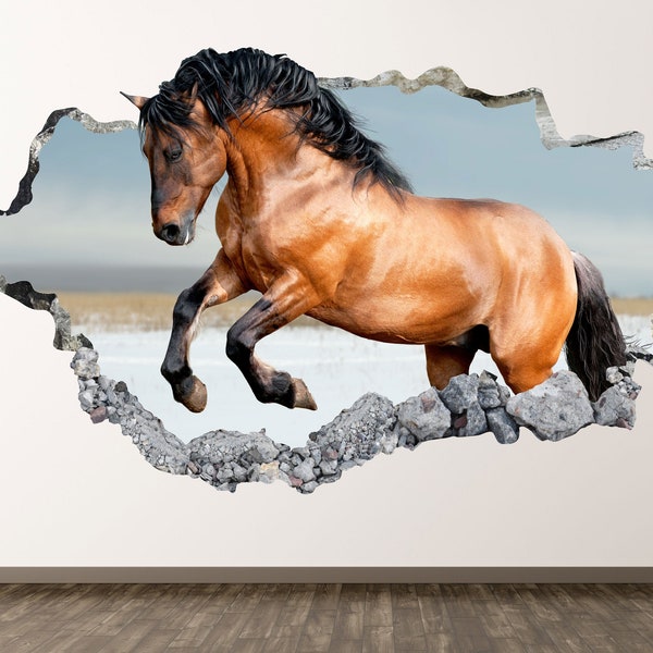 Running Horse Wall Decal - Beach 3D Smashed Wall Art Sticker Kids Room Decor Vinyl Home Poster Custom Gift KD852