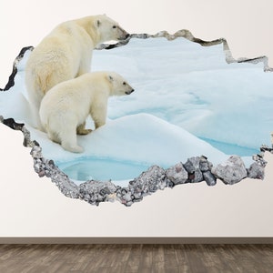 Polar Bear Family Wall Decal - Arctic Animal 3D Smashed Wall Art Sticker Kids Room Decor Vinyl Home Poster Custom Gift KD700