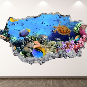 Aquarium Ocean Wall Decal - Sea Animals 3D Smashed Wall Art Sticker Kids Room Decor Vinyl Home Poster Custom Gift KD74