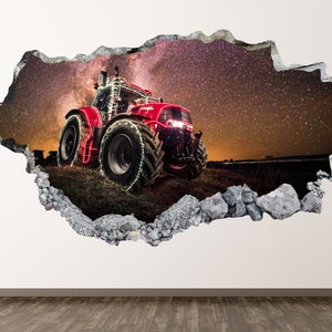 Farm Tractor Wall Decal - Night Stars Lights 3D Smashed Wall Art Sticker Kids Decor Vinyl Home Poster Personalized Gift KD797