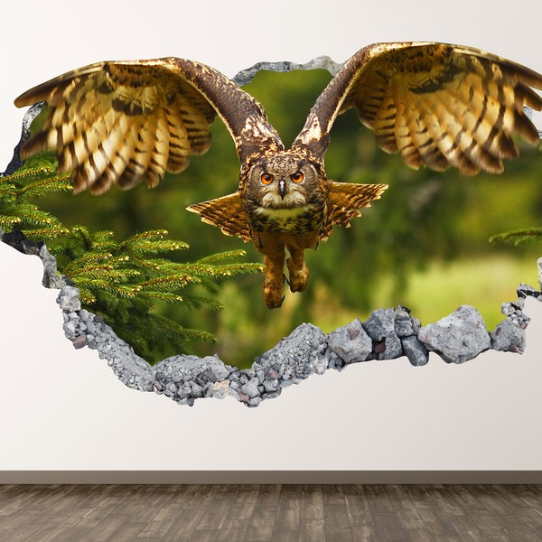 Flying Owl Wall Decal - Animal 3D Smashed Wall Art Sticker Kids Room Decor Vinyl Home Poster Custom Gift KD784