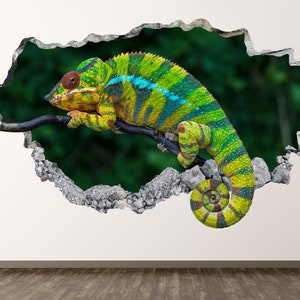 Wild Chameleon Wall Decal - Forest 3D Smashed Wall Art Sticker Kids Decor Vinyl Home Poster Custom Gift KD933