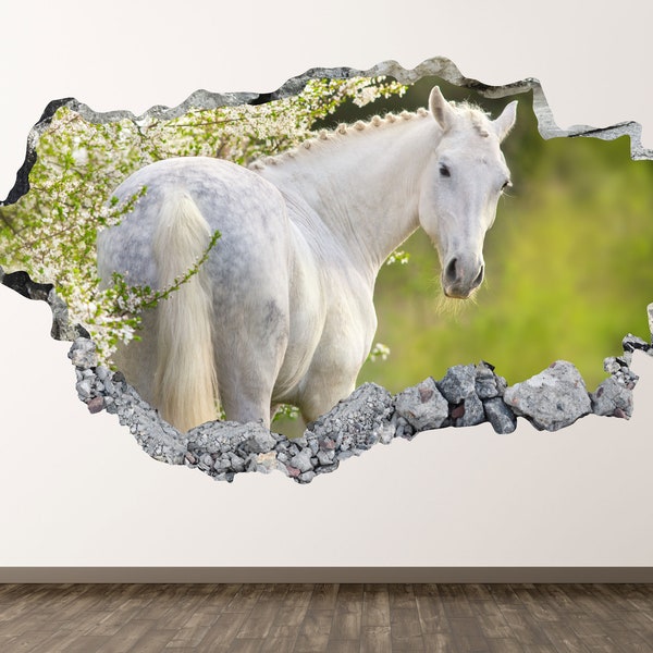 White Horse Wall Decal - Farm 3D Smashed Wall Art Sticker Kids Room Decor Vinyl Home Poster Custom Gift KD909