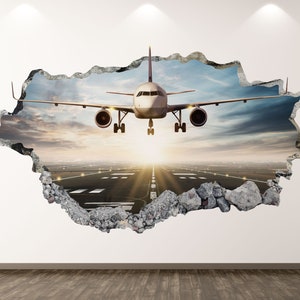 Jumbo Airplane Wall Decal - Landing 3D Smashed Wall Art Sticker Kids Room Decor Vinyl Home Poster Custom Gift KD195