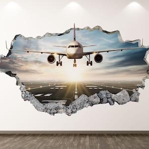 Jumbo Airplane Wall Decal - Landing 3D Smashed Wall Art Sticker Kids Room Decor Vinyl Home Poster Custom Gift KD195