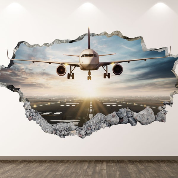 Autocollant mural Jumbo avion-atterrissage 3D brisé Art mural autocollant enfants chambre décor vinyle maison affiche cadeau personnalisé KD195