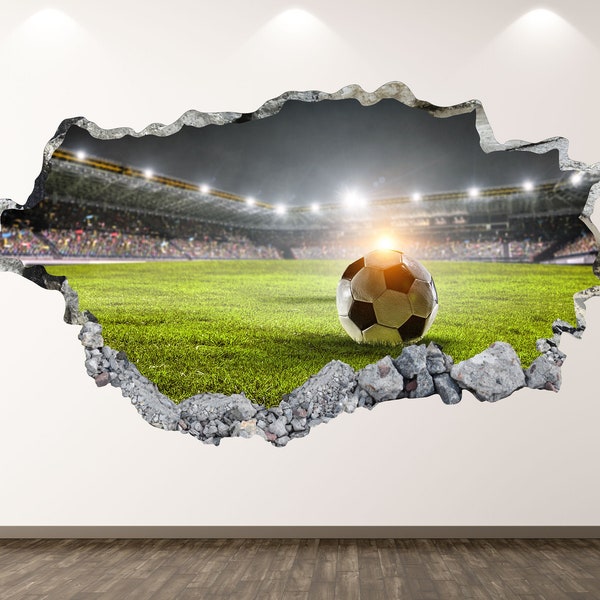 Soccer Wall Decal - Stadium 3D Smashed Wall Art Sticker Kids Decor Vinyl Home Poster Custom Gift KD19