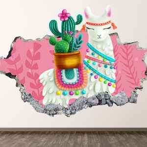 Lama Wall Decal - Cartoon 3D Smashed Wall Art Sticker Kids Room Decor Vinyl Home Poster Custom Gift KD758