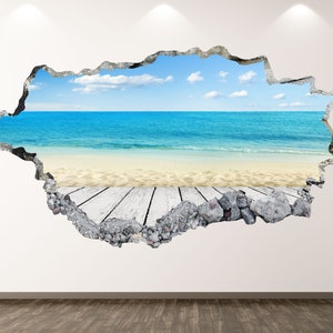 Beach View Wall Decal - Sea 3D Smashed Wall Art Sticker Kids Decor Vinyl Home Poster Custom Gift KD15