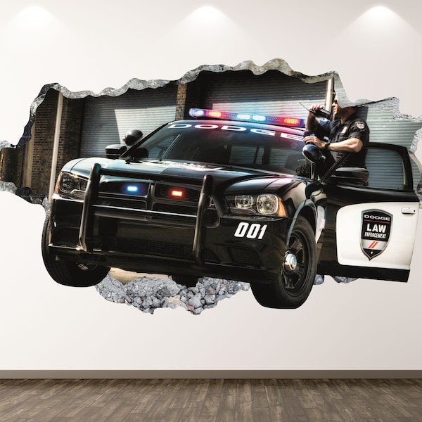 Police Car Wall Decal - Sport 3D Smashed Wall Art Sticker Kids Decor Vinyl Poster Custom Gift KD04