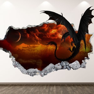 Dragon Wall Decal - Space Fire Fantasy 3D Smashed Wall Art Sticker Kids Decor Vinyl Home Poster Custom Gift KD06