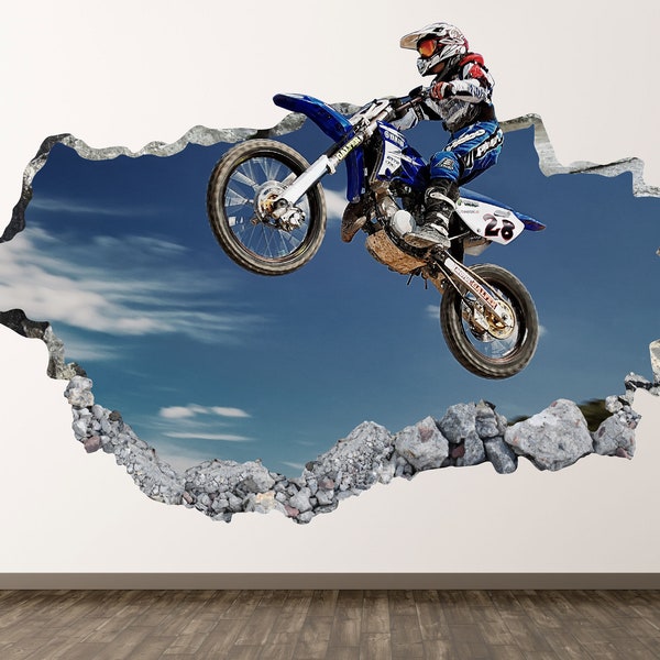 Calcomanía de pared de Motocross-pegatina de arte de pared destrozada 3D, decoración de habitación de niños, póster de vinilo para el hogar, regalo personalizado KD419