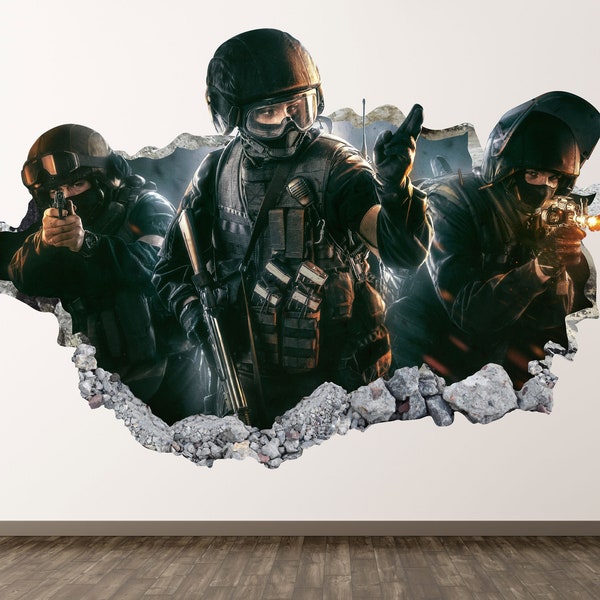 SWAT Team Wall Decal - Police 3D Smashed Wall Art Sticker Kids Room Decor Vinyl Home Poster Personalized Gift KD603