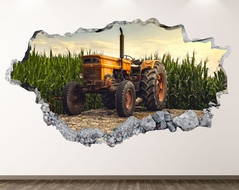 Old Farm Tractor Wall Decal - Truck 3D Smashed Wall Art Sticker Kids Room Decor Vinyl Home Poster Custom Gift KD72