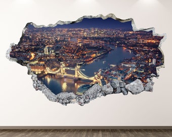 London Wall Decal - City Lights 3D Smashed Wall Art Sticker Kids Room Decor Vinyl Home Poster Custom Gift KD169