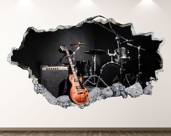 Guitar Wall Decal - Rock Band Drums 3D Smashed Wall Art Sticker Kids Room Decor Vinyl Home Poster Custom Gift KD128