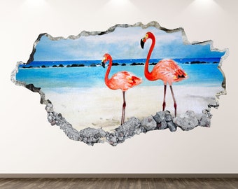 Flamingo Wall Decal - Ocean 3D Smashed Wall Art Sticker Kids Room Decor Vinyl Home Poster Custom Gift KD261