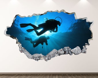 Scuba Diving Wall Decal - Sports 3D Smashed Wall Art Sticker Kids Room Decor Vinyl Home Poster Custom Gift KD253