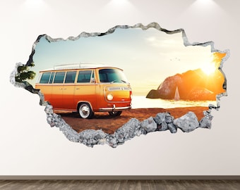 Caravan Wall Decal - Beach 3D Smashed Wall Art Sticker Kids Room Decor Vinyl Home Poster Custom Gift KD302