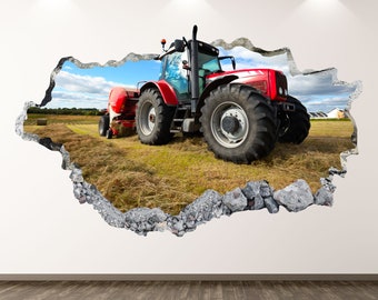 Tractor Wall Decal - Farm 3D Smashed Wall Art Sticker Kids Decor Vinyl Home Poster Custom Gift KD53