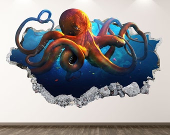 Octopus Wall Decal - Ocean Animal 3D Smashed Wall Art Sticker Kids Room Decor Vinyl Home Poster Custom Gift KD76