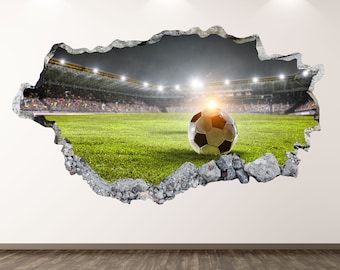 Soccer Wall Decal - Stadium 3D Smashed Wall Art Sticker Kids Decor Vinyl Home Poster Custom Gift KD19