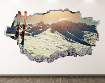 Ski Mountain Wall Decal - Snow Winter 3D Smashed Wall Art Sticker Kids Room Decor Vinyl Home Poster Custom Gift KD235