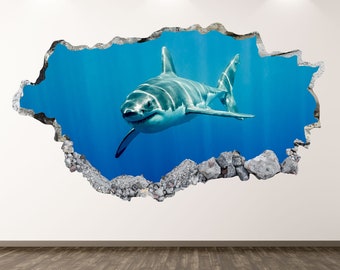 Shark Wall Decal - Ocean Animal 3D Smashed Wall Art Sticker Kids Decor Vinyl Home Poster Custom Gift KD11