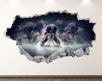 Hockey Player Wall Decal - Goalkeeper 3D Smashed Wall Art Sticker Kids Room Decor Vinyl Home Poster Custom Gift KD96