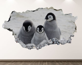 Baby Penguins Wall Decal - Animal 3D Smashed Wall Art Sticker Kids Room Decor Vinyl Home Poster Custom Gift KD233
