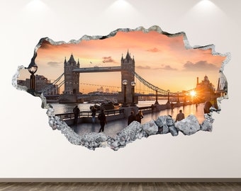 London Wall Decal - City Bridge 3D Smashed Wall Art Sticker Kids Room Decor Vinyl Home Poster Personalized Gift KD315