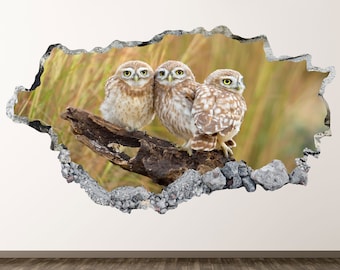 Owl Family Wall Decal - Tree Bird Animal 3D Smashed Wall Art Sticker Kids Room Decor Vinyl Home Poster Custom Gift KD989