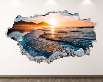 Beach Wall Decal - Ocean Sunset 3D Smashed Wall Art Sticker Kids Room Decor Vinyl Home Poster Personalized Gift KD317