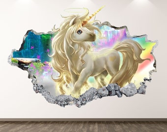 Unicorn Wall Decal - Fantasy 3D Smashed Wall Art Sticker Kids Decor Vinyl Girl Poster Custom Gift KD05