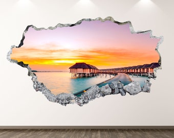 Sunset Beach Wall Decal - Vintage 3D Smashed Wall Art Sticker Landscape Kids Room Decor Vinyl Home Poster Custom Gift KD353
