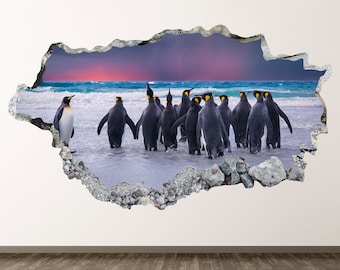 Penguins Wall Decal - Beach Sunset 3D Smashed Wall Art Sticker Kids Room Decor Vinyl Home Poster Custom Gift KD917