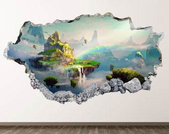 Fantasy Land Wall Decal - Mountains Landscape 3D Smashed Wall Art Sticker Kids Room Decor Vinyl Home Poster Custom Gift KD811