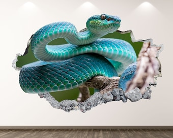 Blue Snake Wall Decal - Animal 3D Smashed Wall Art Sticker Kids Room Decor Vinyl Home Poster Personalized Gift KD314
