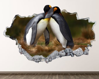 Penguins Love Wall Decal - Animal 3D Smashed Wall Art Sticker Kids Room Decor Vinyl Home Poster Custom Gift KD650