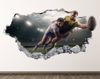 Rugby Players Wall Decal - Sport 3D Smashed Wall Art Sticker Kids Room Décor Vinyl Home Poster Custom Gift KD759