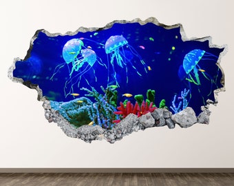 Jellyfish Aquarium Wall Decal - Animal 3D Smashed Wall Art Sticker Kids Room Decor Vinyl Home Poster Personalized Gift KD623