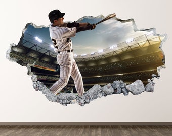 Baseball Player Wall Decal - Sports 3D Smashed Wall Art Sticker Kids Room Decor Vinyl Home Poster Custom Gift KD506