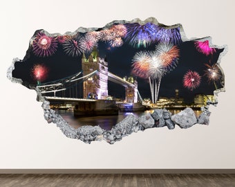 London Wall Decal - Bridge Fireworks 3D Smashed Wall Art Sticker Kids Room Decor Vinyl Home Poster Personalized Gift KD643