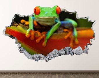Wild Frog Wall Decal - Animal 3D Smashed Wall Art Sticker Kids Decor Vinyl Home Poster Custom Gift KD892