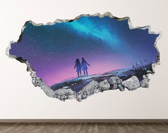 Young Couple Love Wall Decal - Galaxy Space Walking 3D Smashed Wall Art Sticker Kids Room Decor Vinyl Home Poster Custom Gift KD577