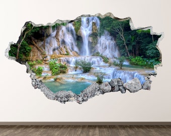 Waterfall Wall Decal - Landscape 3D Smashed Wall Art Sticker Kids Decor Vinyl Mural Poster Custom Gift KD393