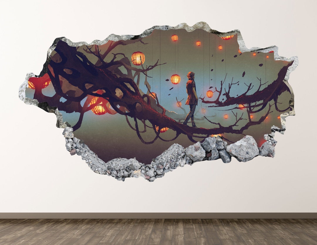Lantern Trees Wall Decal - Nature 3D Smashed Wall Art Sticker Kids Room ...