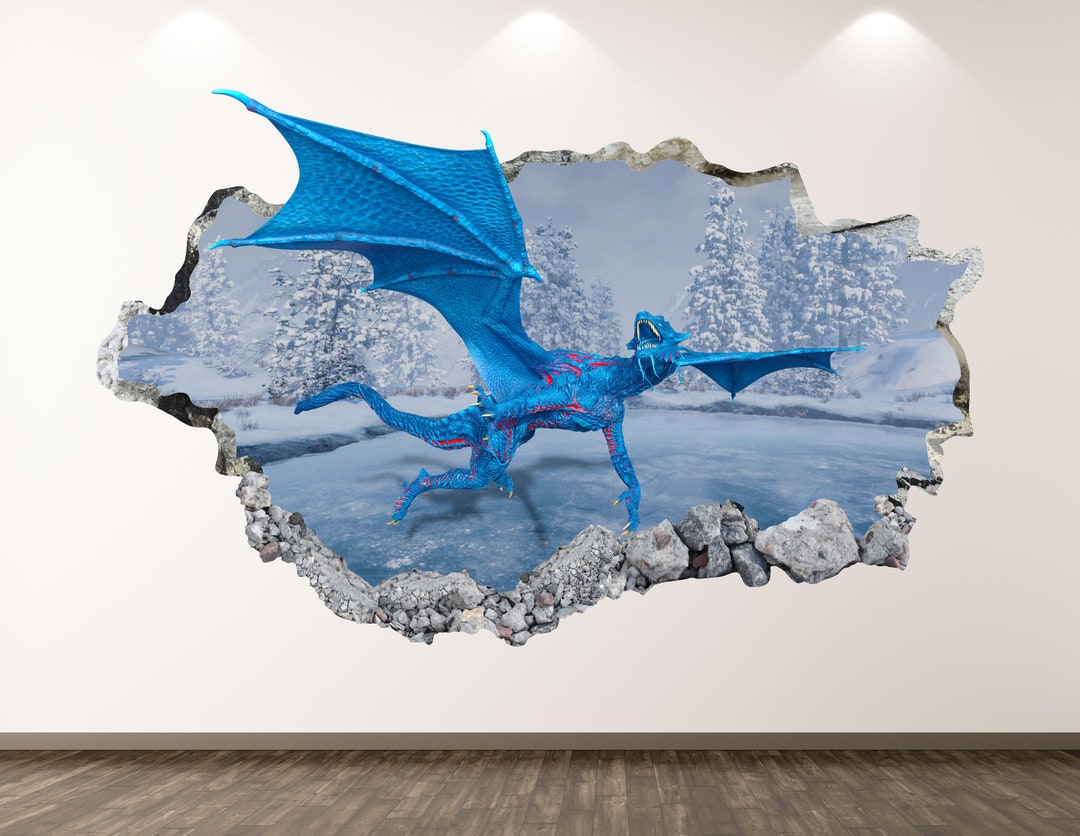 Blue Dragon Wall Decal - Magic 3D Smashed Wall Art Sticker Kids Room ...