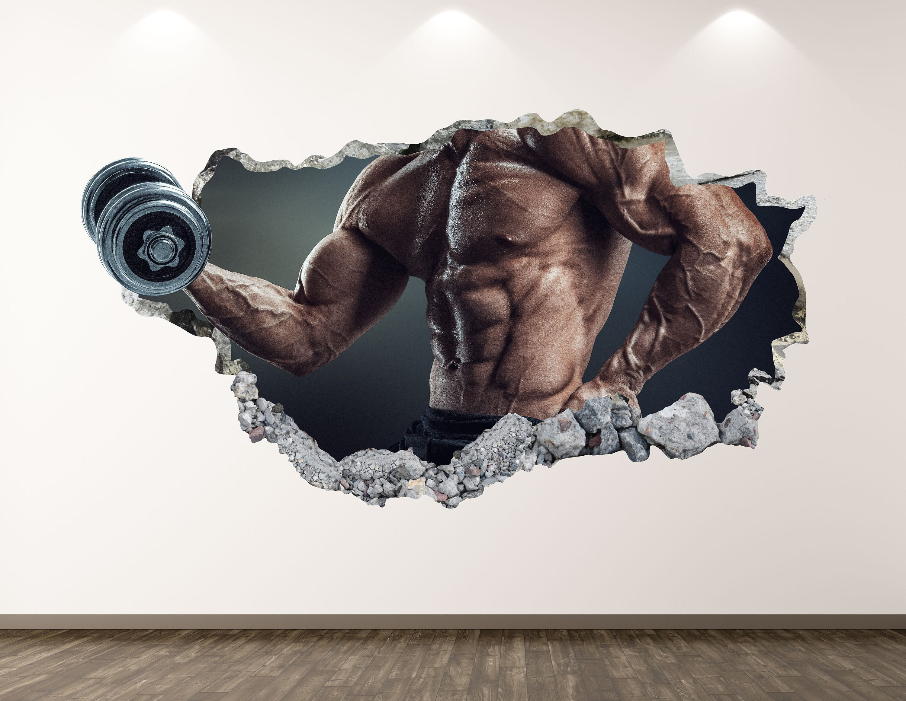 Wall Decal Gym Fitness Exercise Weights Workout Canvas 3D Smashed Hole Vinyl 