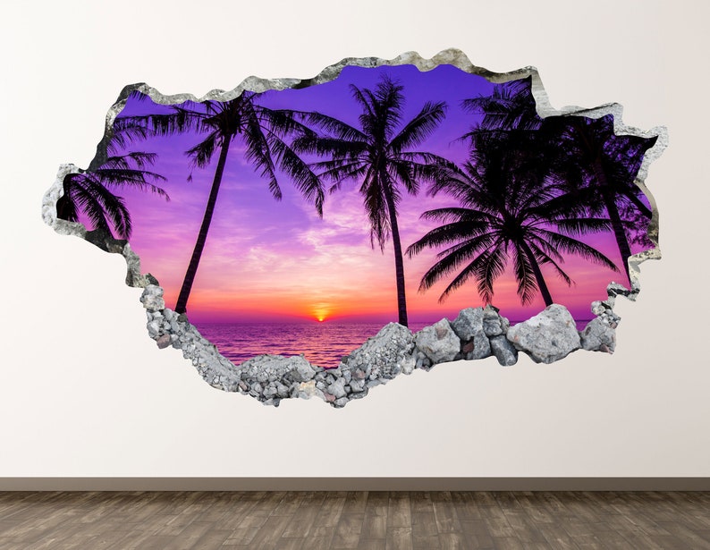 Tropical Beach Wall Decal Sunset Palm Trees 3D Smashed Wall Etsy